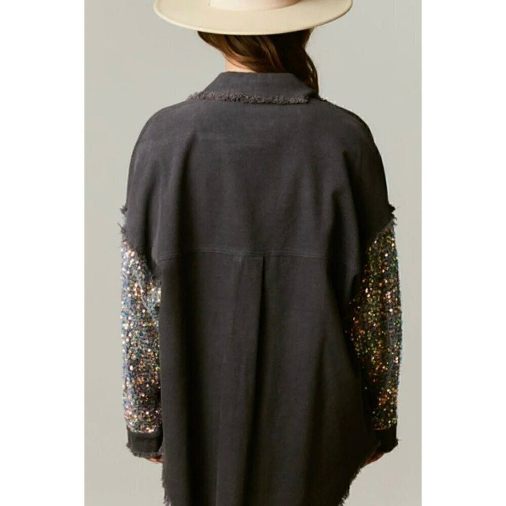 Halfway there Sequin Corduroy Shacket in Charcoal - Picture 5 of 6